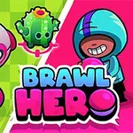 Personaj desenat cu hanorac albastru, cactus verde cu floare roșie, minge zburătoare roz și ciupercă pe fundal verde și roz, cu text „Brawl Hero”