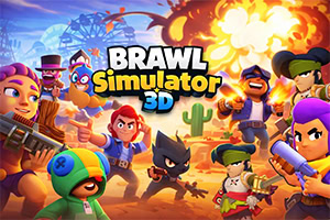 Afiș colorat cu personaje stil desen animat în acțiune într-un deșert, explozii și fum în fundal, cu titlul mare „BRAWL Simulator 3D în centru