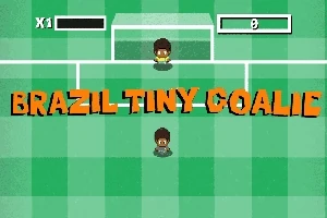 Doi jucători de fotbal stil pixel art pe un teren verde, cu textul Brazil Tiny Goalie în față