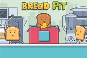 Felii zâmbitoare de pâine lângă un prăjitor și un blender pe un fundal de bucătărie, cu textul BREAD PIT deasupra