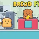 Felii zâmbitoare de pâine lângă un prăjitor și un blender pe un fundal de bucătărie, cu textul BREAD PIT deasupra