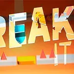 Textul BREAK IT suprapus peste un fundal portocaliu cu elemente geometrică colorate