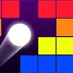 O minge albă strălucitoare care se deplasează spre o colecție de blocuri colorate în roșu, portocaliu, galben și albastru pe un fundal violet