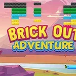 Text colorat Brick Out Adventure pe fundal de peisaj cu cărămizi colorate și pădure tropicală