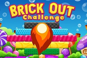 Fundal colorat cu cuvintele Brick Out Challenge, blocuri colorate și o minge cu flăcări