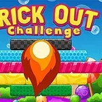 Fundal colorat cu cuvintele Brick Out Challenge, blocuri colorate și o minge cu flăcări