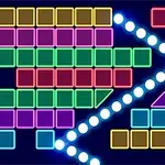 Blocuri colorate aranjate într-un model geometric cu linii de puncte albe luminoase pe un fundal închis