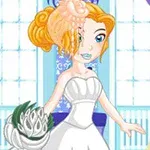O persoană cu păr portocaliu îmbrăcată într-o rochie albă de mireasă, ținând un buchet, într-o cameră cu ferestre mari și perdele deschise
