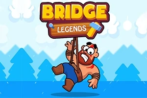 Ilustrație cu un personaj desenat ținându-se de un panou cu textul Bridge Legends pe un fundal albastru deschis cu copaci stilizați