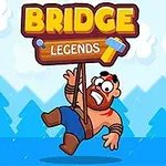 Ilustrație cu un personaj desenat ținându-se de un panou cu textul Bridge Legends pe un fundal albastru deschis cu copaci stilizați