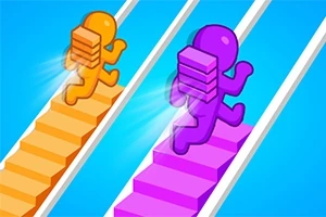 Două personaje colorate, unul portocaliu și altul mov, urcă scări colorate paralele pe fundal albastru