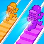 Două personaje colorate, unul portocaliu și altul mov, urcă scări colorate paralele pe fundal albastru