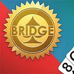 Siglă cu inscripția Bridge și un simbol de pică, alături de un evantai de cărți cu diferite valori și simboluri de inimă roșie și treflă