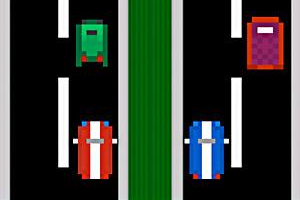 Mașini pixelate colorate pe o autostradă cu două benzi și separator verde