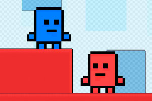 Două personaje pixelate, unul albastru și unul roșu, se află pe platforme în nuanțe de roșu și albastru deschis, pe un fundal albastru deschis cu pătrate transparente