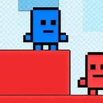 Două personaje pixelate, unul albastru și unul roșu, se află pe platforme în nuanțe de roșu și albastru deschis, pe un fundal albastru deschis cu pătrate transparente