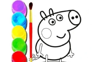Desen alb-negru al unui personaj desen animat cu un set de vopsele colorate și o pensulă alături