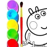 Desen alb-negru al unui personaj desen animat cu un set de vopsele colorate și o pensulă alături