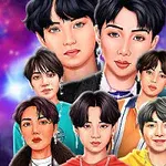 Ilustrație colorată cu șapte personaje animate în fața unui fundal cosmic vibrant