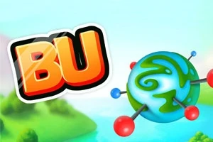 Un fundal verde-albăstrui cu literele BU și un glob stilizat cu sfere colorate