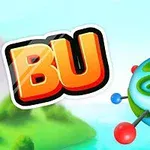 Un fundal verde-albăstrui cu literele BU și un glob stilizat cu sfere colorate