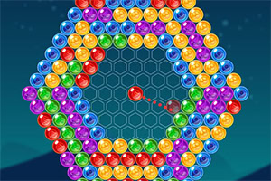 Un hexagon format din bile colorate în nuanțe de albastru, galben, roșu, verde și violet, cu un fundal albastru închis și o bila roșie în centru îndreptată spre ele