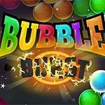 Logo colorat cu textul Bubble Burst înconjurat de bile colorate și efecte strălucitoare