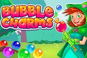 Desen colorat cu o fată zâmbitoare îmbrăcată în verde, ținând o baghetă și înconjurată de bile colorate și textul Bubble Charms