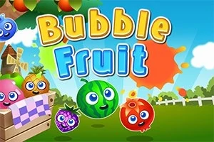 Fructe colorate cu fețe zâmbitoare într-un peisaj pastoral, alături de textul Bubble Fruit în culori vibrante