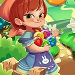 Fetiță cu părul roșcat ținând ouă colorate într-un peisaj desenat cu natură și o cutie de ouă pe gard