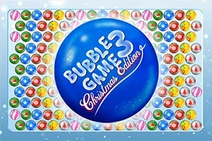 Grafică cu o bilă albastră mare în centru înconjurată de bile colorate, cu inscripția „Bubble Game 3 Christmas Edition”