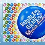Grafică cu o bilă albastră mare în centru înconjurată de bile colorate, cu inscripția „Bubble Game 3 Christmas Edition”