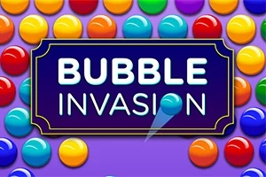 Bile colorate pe un fundal violet cu un panou central pe care scrie Bubble Invasion