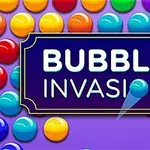 Bile colorate pe un fundal violet cu un panou central pe care scrie Bubble Invasion