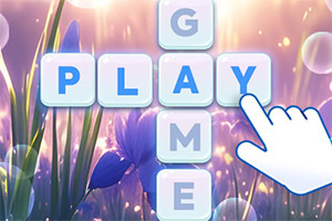Un aranjament de litere formând cuvintele PLAY și GAME într-un cadru cu flori și lumini sclipitoare, cu o mână ilustrată care indică una dintre litere