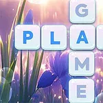 Un aranjament de litere formând cuvintele PLAY și GAME într-un cadru cu flori și lumini sclipitoare, cu o mână ilustrată care indică una dintre litere
