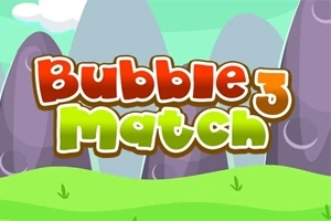 Imagine cu fundal de munți colorați și titlul Bubble Match 3 în litere mari, colorate, deasupra unui peisaj verde