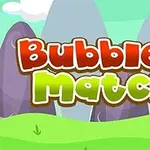 Imagine cu fundal de munți colorați și titlul Bubble Match 3 în litere mari, colorate, deasupra unui peisaj verde