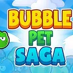 Text colorat cu cuvintele Bubble Pet Saga pe un fundal albastru cu nori și două personaje rotunde, verzi și albastre, de o parte și alta a textului