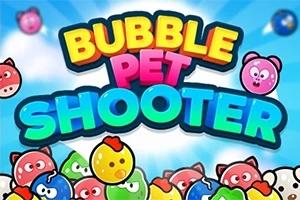 Text colorat Bubble Pet Shooter pe un fundal albastru cu bile de animale colorate în partea de jos