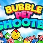 Text colorat Bubble Pet Shooter pe un fundal albastru cu bile de animale colorate în partea de jos