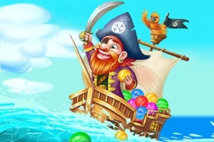 Pirate vesel cu barbă roșie navighează pe o corabie plină de bile colorate, alături de un papagal cu bandană de pirat