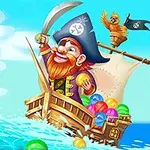 Pirate vesel cu barbă roșie navighează pe o corabie plină de bile colorate, alături de un papagal cu bandană de pirat
