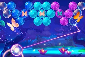 Baloane colorate și fluturi luminoși pe fundalul unei scene de pădure nocturnă cu flori de lotus plutitoare