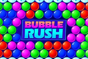 Bule colorate roșii, verzi, albastre și roz în jurul unui panou central cu textul „BUBBLE RUSH