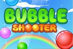 Text colorat „Bubble Shooter” pe un fundal albastru cu bile colorate și un curcubeu