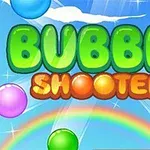 Text colorat „Bubble Shooter” pe un fundal albastru cu bile colorate și un curcubeu