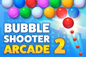 Bile colorate plasate deasupra unui text mare care spune Bubble Shooter Arcade 2, cu o bilă roșie în mișcare spre grupul de bile