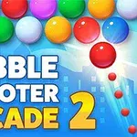 Bile colorate plasate deasupra unui text mare care spune Bubble Shooter Arcade 2, cu o bilă roșie în mișcare spre grupul de bile