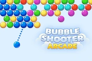 Bile colorate aliniate în partea de sus a imaginii cu titlul Bubble Shooter Arcade în partea de jos